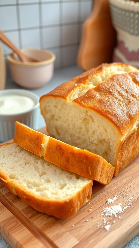 Freshly baked yogurt bread loaf, sliced on a cutting board with a bowl of yogurt and flour.